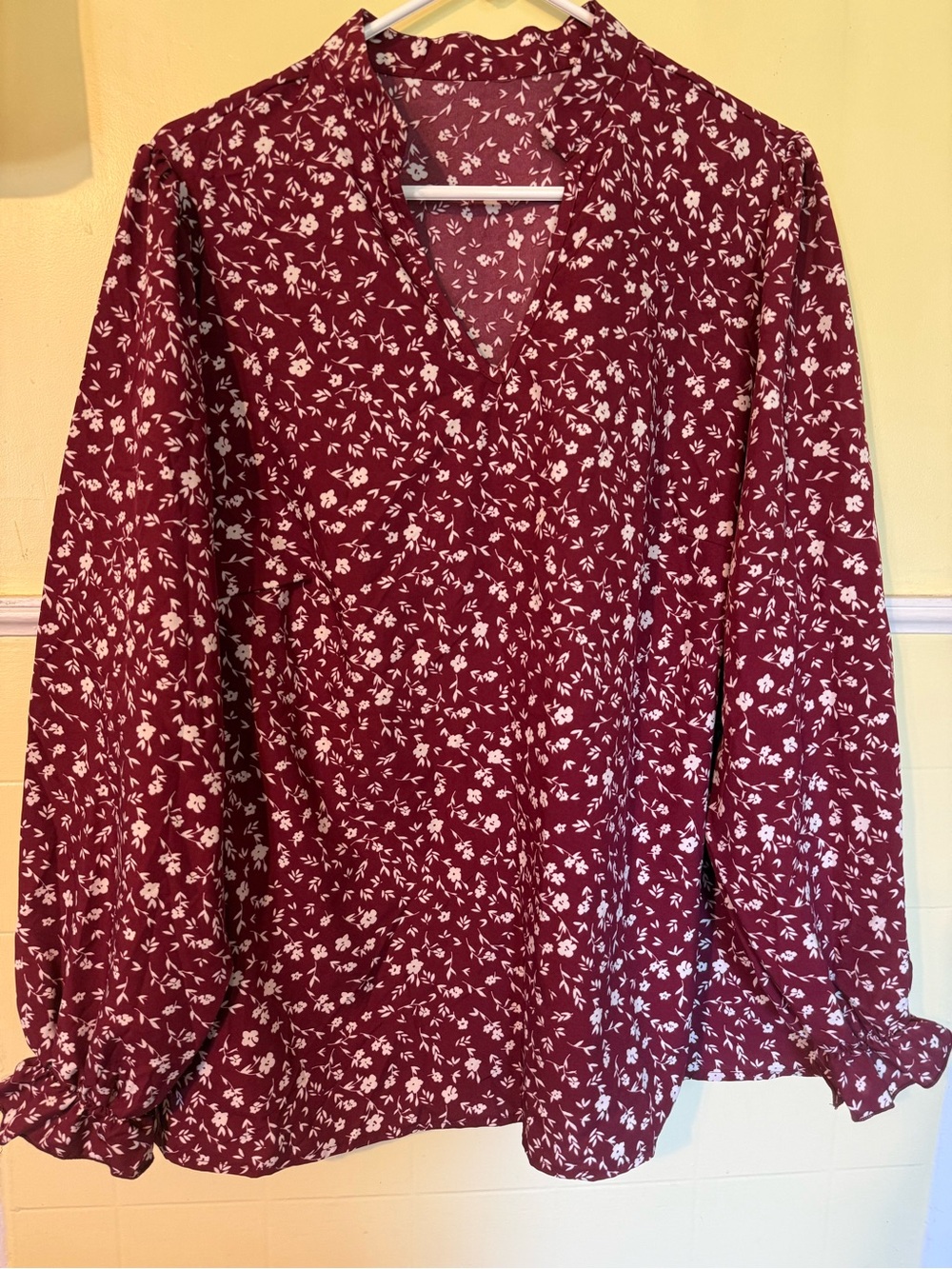 SHEIN Burgundy Floral V-Neck Long Sleeve Blouse